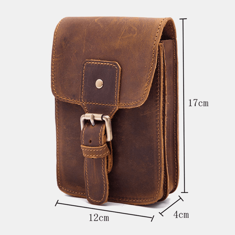 Men Retro Wear-Resistant First Layer Cowhide Waist Bag Large Capacity Card Holder Belt Bag 6.5 Inch Phone Bag with Hook - MRSLM