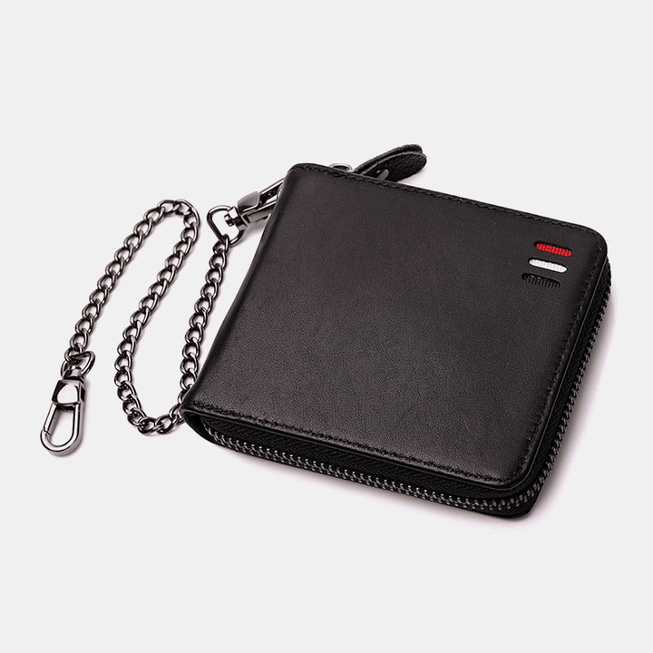 Men Genuine Leather Chain RFID Blocking Anti-Theft Zipper Multi-Slot Card Holder Wallet - MRSLM