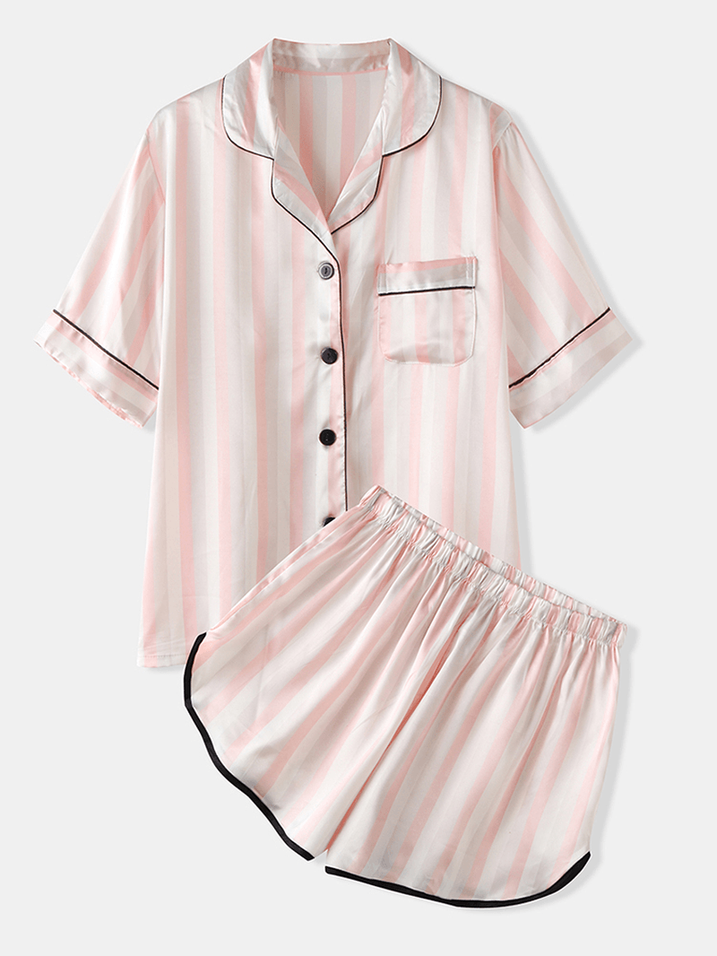 Women Colorful Striped Button up Revere Collar Pocket Home Ice Silk Pajama Set - MRSLM