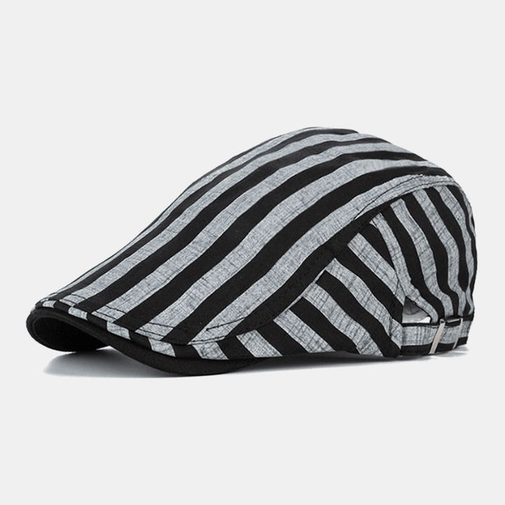 Men Cotton-Linen Striped Pattern Retro Forward Hat Flat Cap Beret Cap - MRSLM