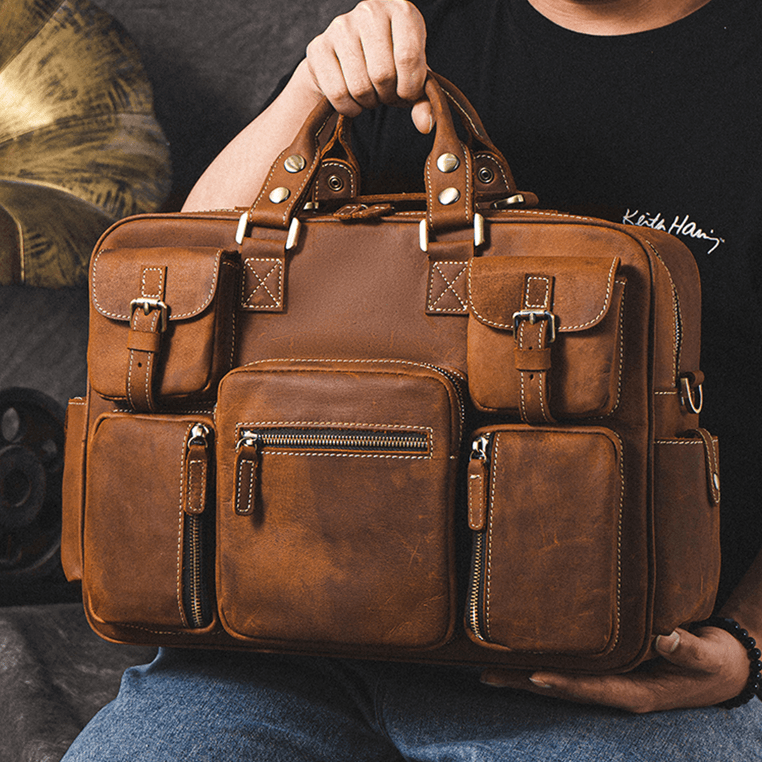 Men Genuine Leather Detachable Strap Large Multi-Pocket 15.6 Inch Laptop Bag Briefcase Messenger Bag Crossbody Bags - MRSLM