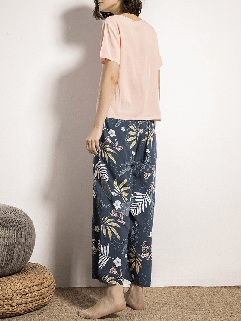 Women Short Sleeve Tops Tropical Floral Print Wide Leg Pants Soft Pajama Set - MRSLM