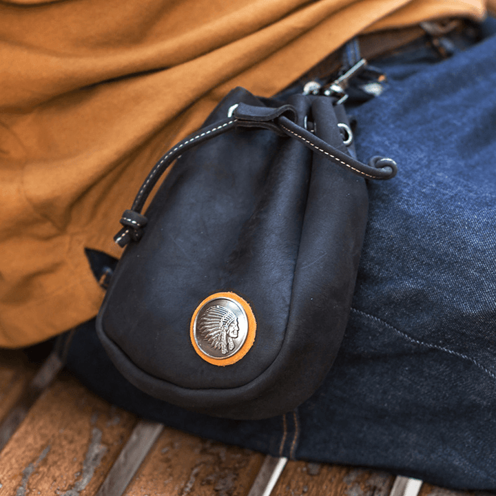 Men Genuine Leather Retro String Pocket Badge Decoration Waist Bag 6.3 Inch Phone Bag - MRSLM