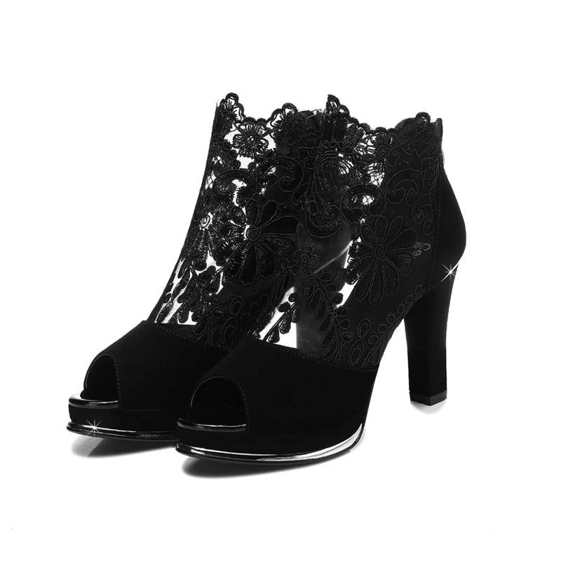 Women Black Mesh Lace Peep Toe High Heel Pumps - MRSLM