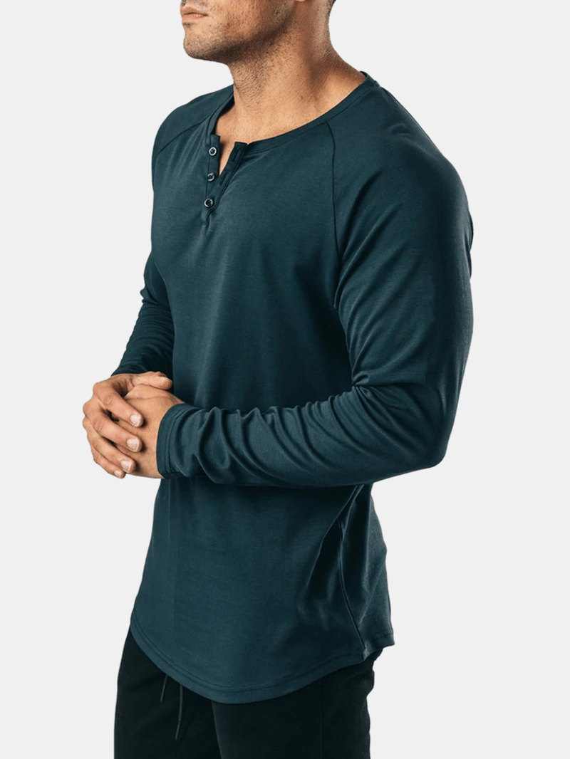 Mens Cotton Solid Color Button round Neck Long Sleeve Basic T-Shirt - MRSLM