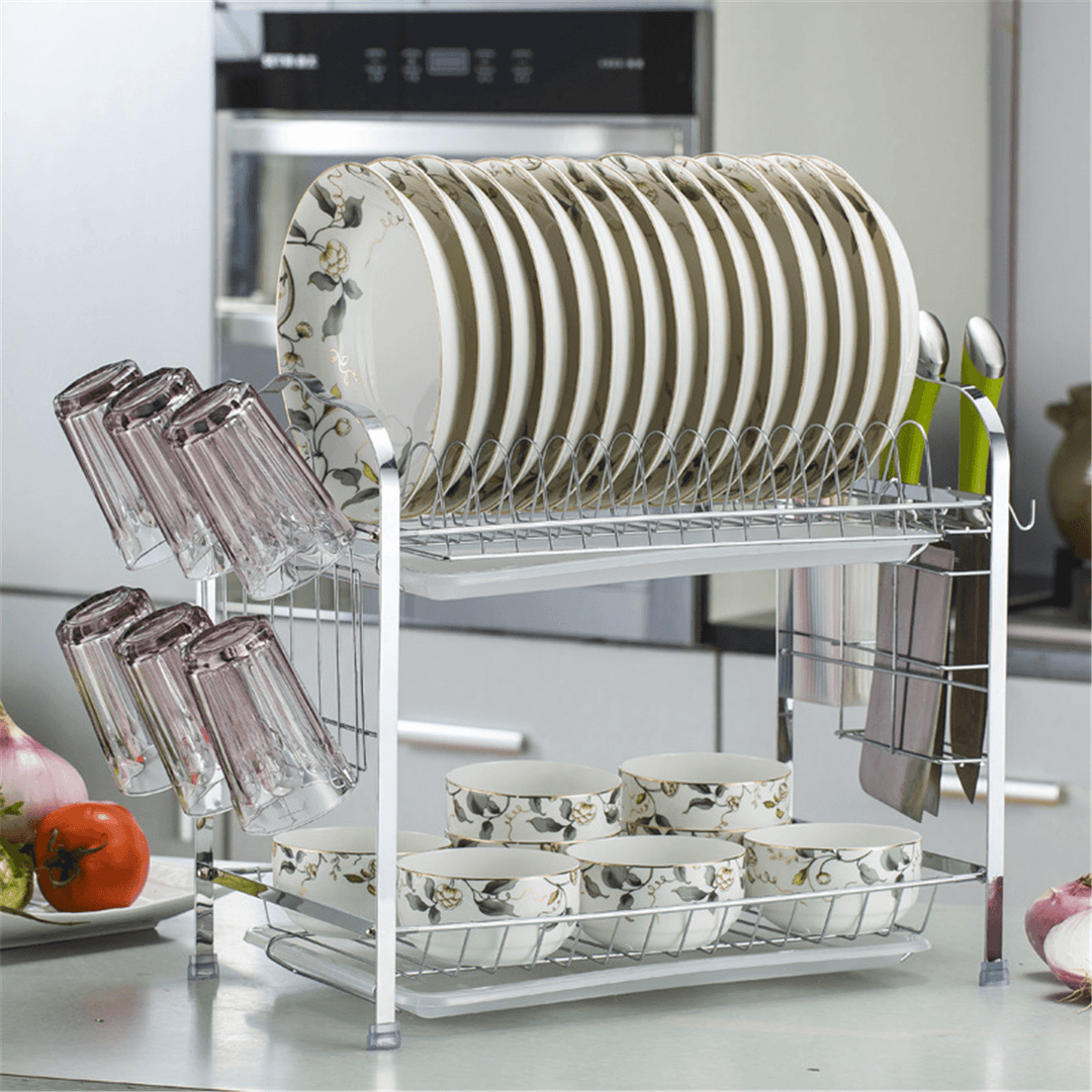 2 Tiers Dish Drying Rack Stainless Steel over Sink Kitchen Cutlery Bowl Storage Holder - MRSLM