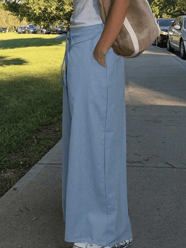 Women Solid Color Elastic Waist Cotton Casual Loose Wide Leg Pants - MRSLM