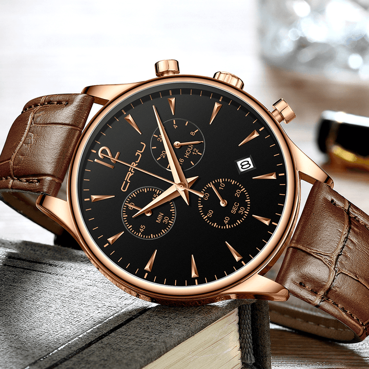 CRRJU 2272 Fashion Leather Strap Japan Movement Calendar Waterproof Men Quartz Watch - MRSLM