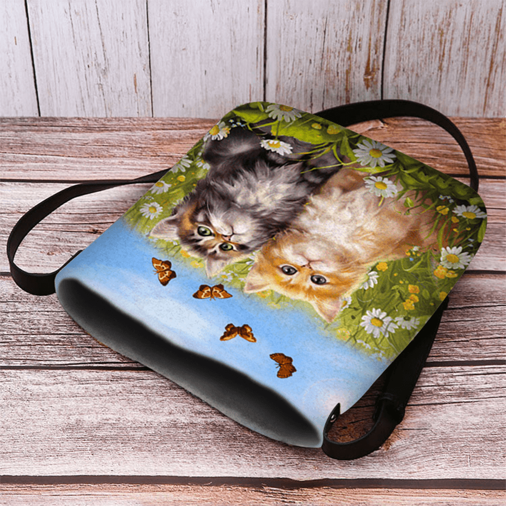 Women Felt Country Style Cartoon Cats Print Personality Crossbody Bag Shoulder Bag - MRSLM