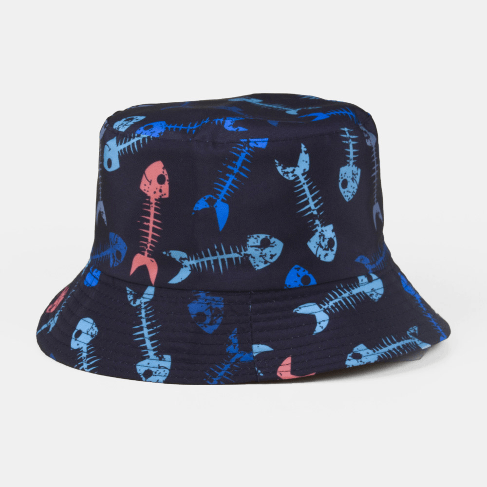 Unisex Double-Sided Wear Fish Bones Butterflies Pattern Outdoor Sunshade Bucket Hat - MRSLM