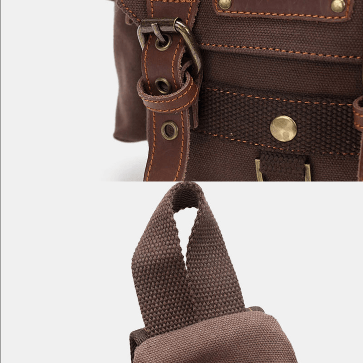 Men Genuine Leather and Canvas Travel Outdoor Carrying Bag Personal Crossbody Bag Chest Bag - MRSLM