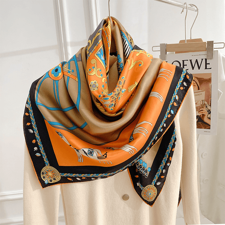 Silk Scarf Classic Orange Print Large Square Scarf Fashion - MRSLM