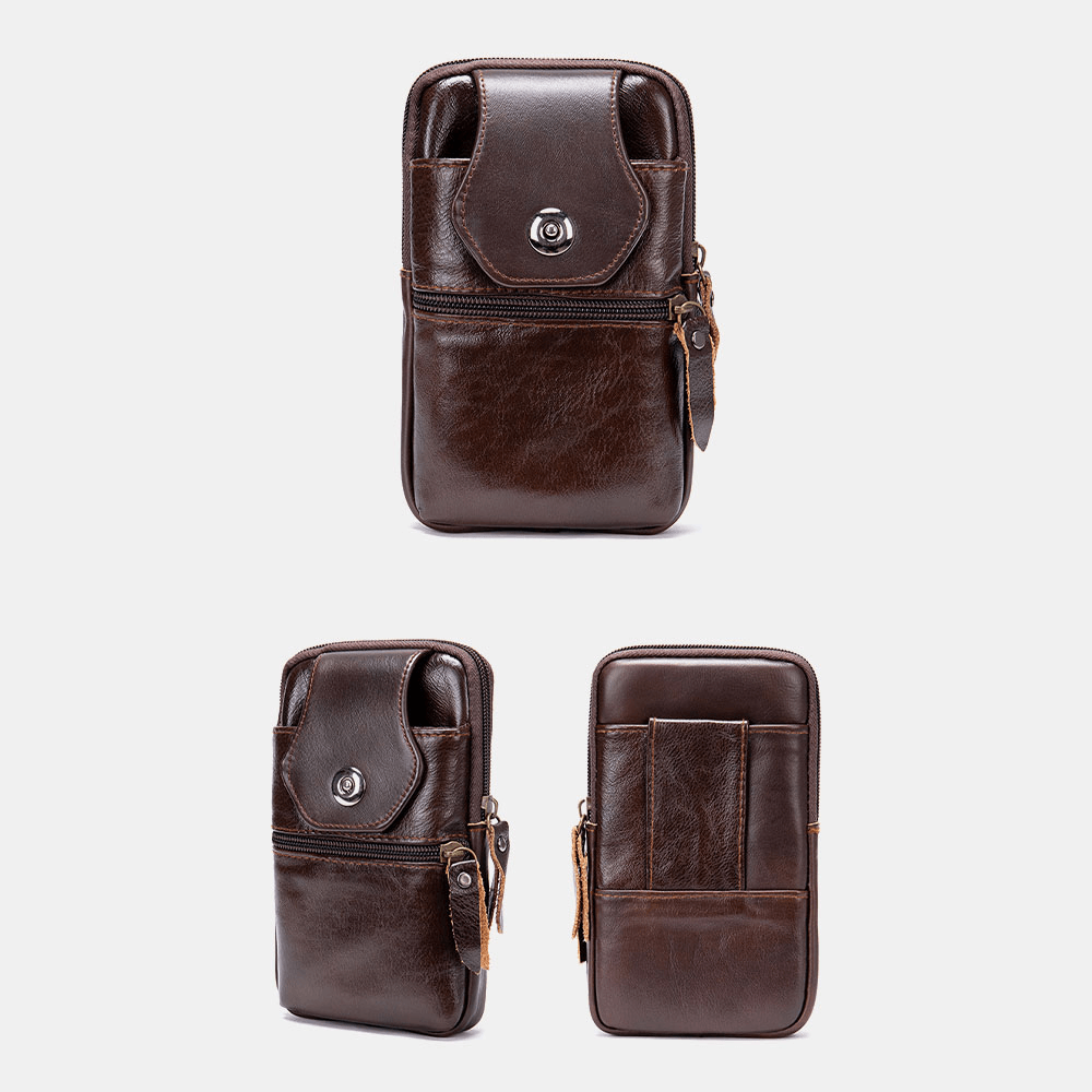 Men Genuine Leather Multifunctional Vintage 6.3 Inch Phone Bag Card Case Cowhide Waist Bag - MRSLM