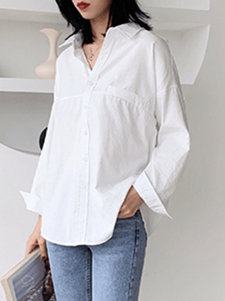 Solid Color Lapel Long Sleeve Plain Daily Casual Shirts for Women - MRSLM