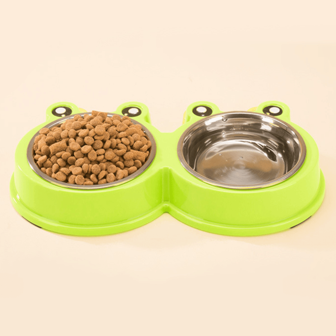 3Colors Frog Shape Pet Bowl Food Water Container Stainless Steel Dog Cat Feeder - MRSLM