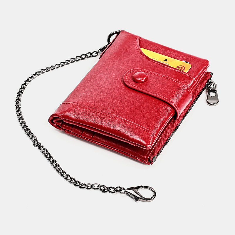 Men Genuine Leather RFID Double Zipper Retro Business Casual Style Multi-Pocket Solid Color Wallet with Chain - MRSLM