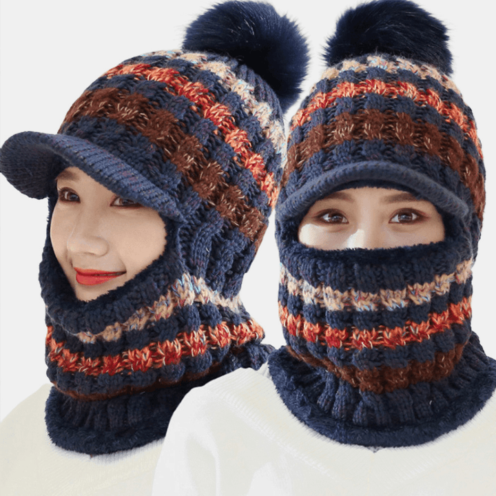 Women Wool One-Piece plus Velvet Thicken Warm Windproof Neck Face Protection Riding Knitted Hat Baseball Hat - MRSLM