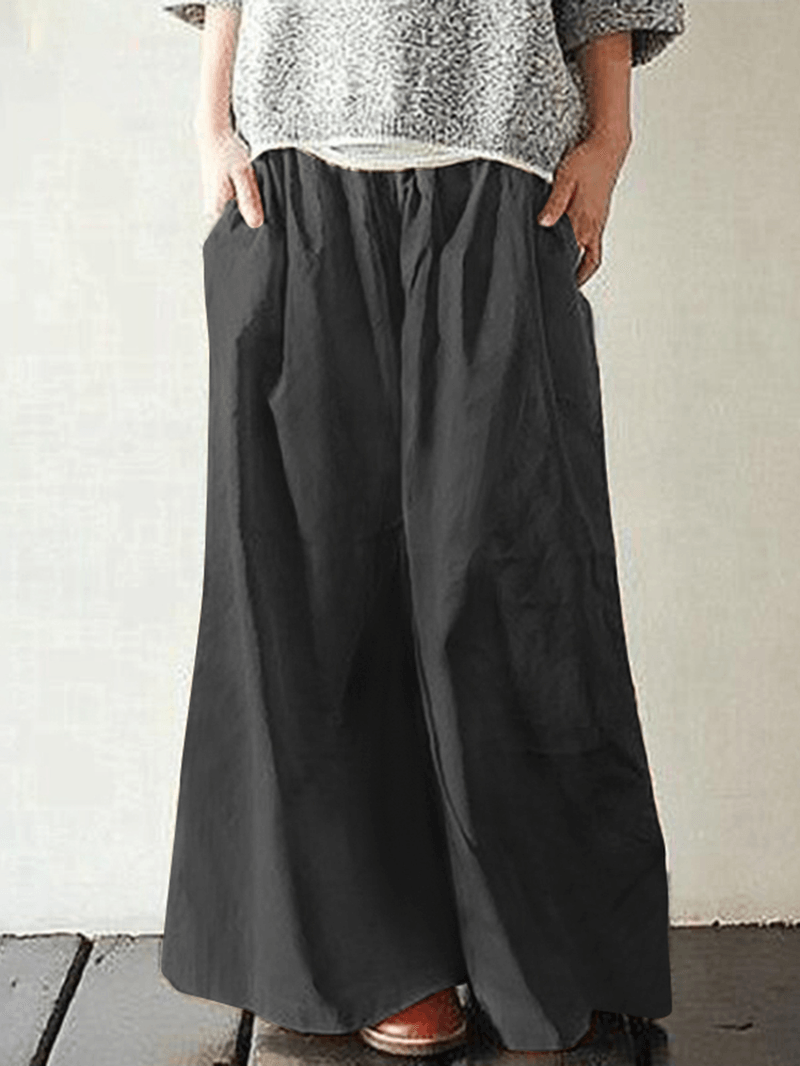 Women Cotton Pocket Elastic Waist Wide Leg Loose Casual Pants - MRSLM