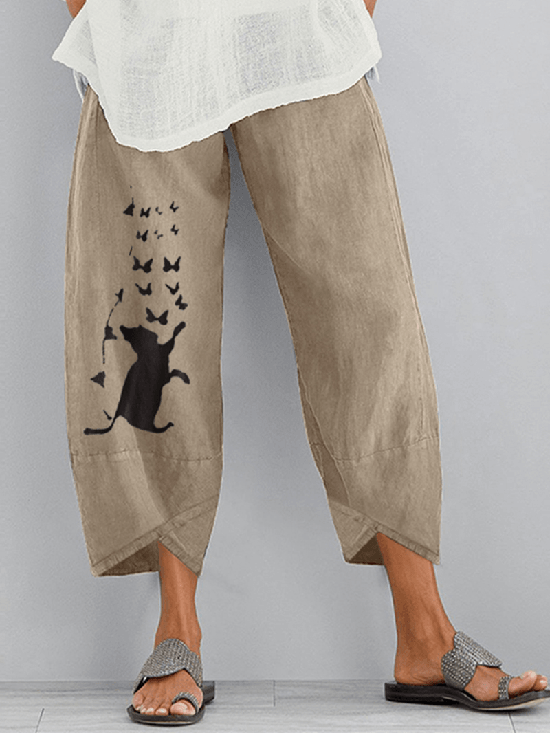 Women Cartoon Cat Butterfly Print Cotton Loose Elastic Waist Cropped Pants - MRSLM