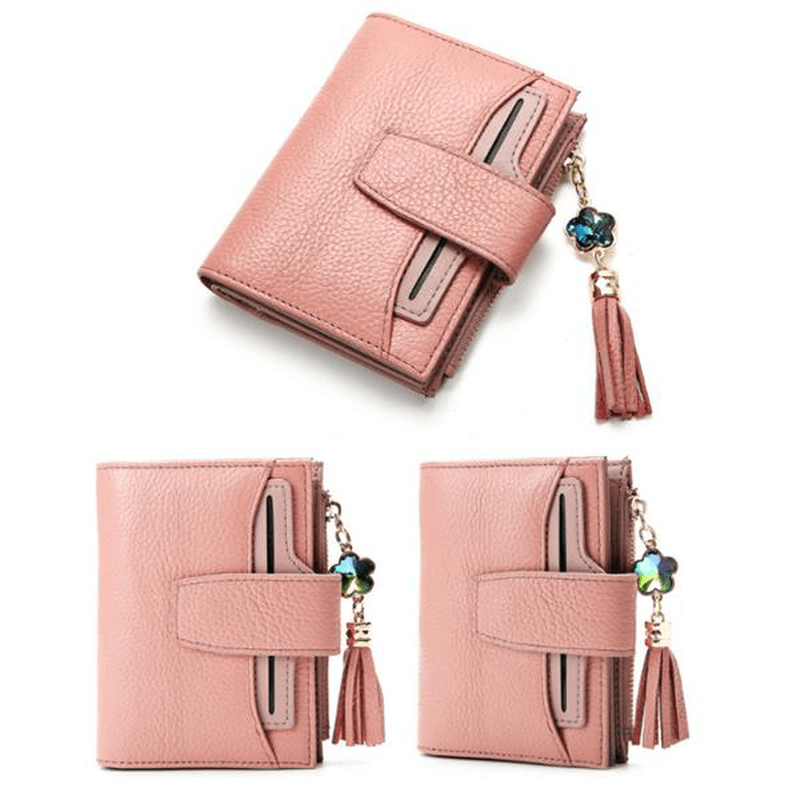 Women Casual Genuine Leather Purse 19 Card Slot Tassel Short Wallet - MRSLM