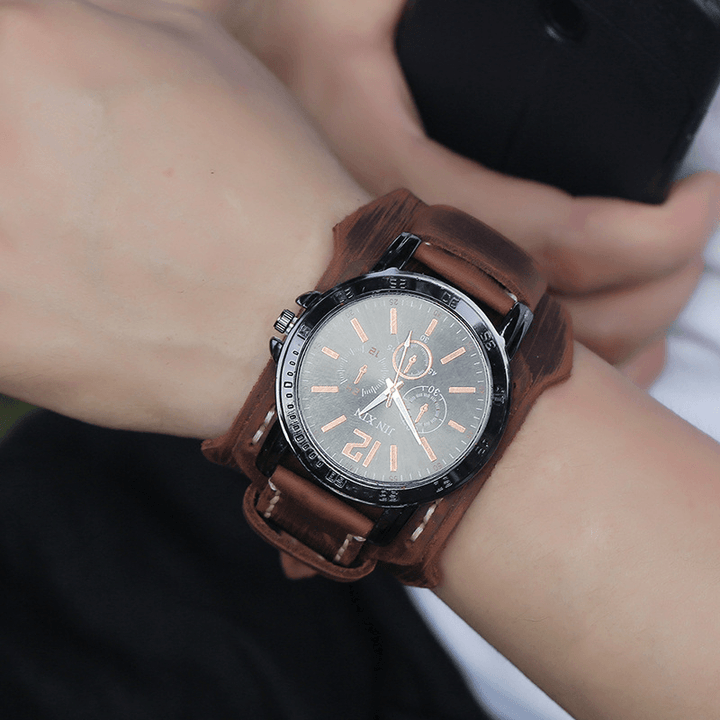 Deffrun Retro Style Decorative Three Dial Quartz Watch Cowhide Leather Band Men Wrist Watch - MRSLM