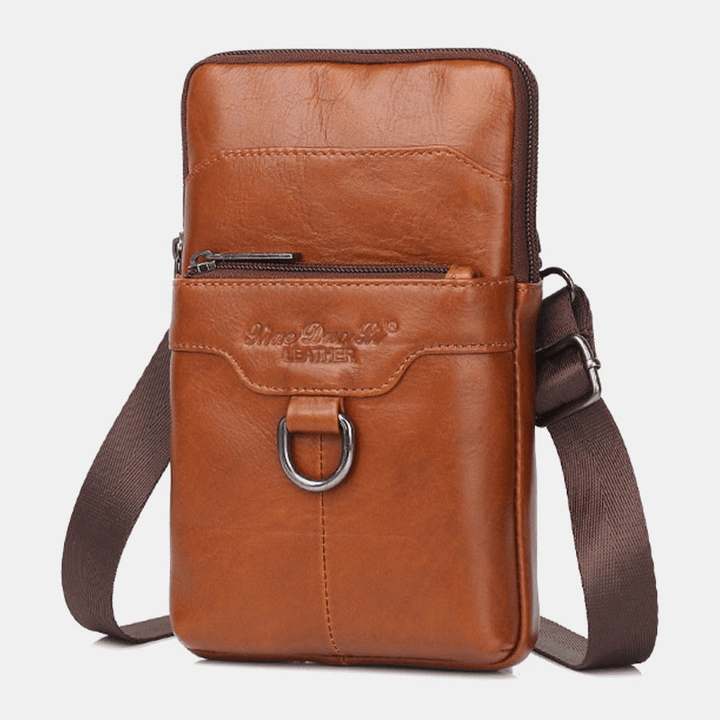 Men Genuine Leather Cowhide Vintage Business 6.5 Inch Phone Bag Crossbody Bag Waist Bag Sling Bag - MRSLM