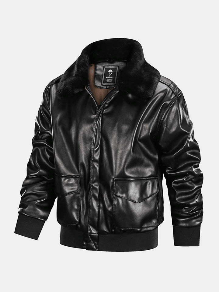 Mens Zipper Big Flap Pocket Fur Collar Cargo PU Jacket - MRSLM