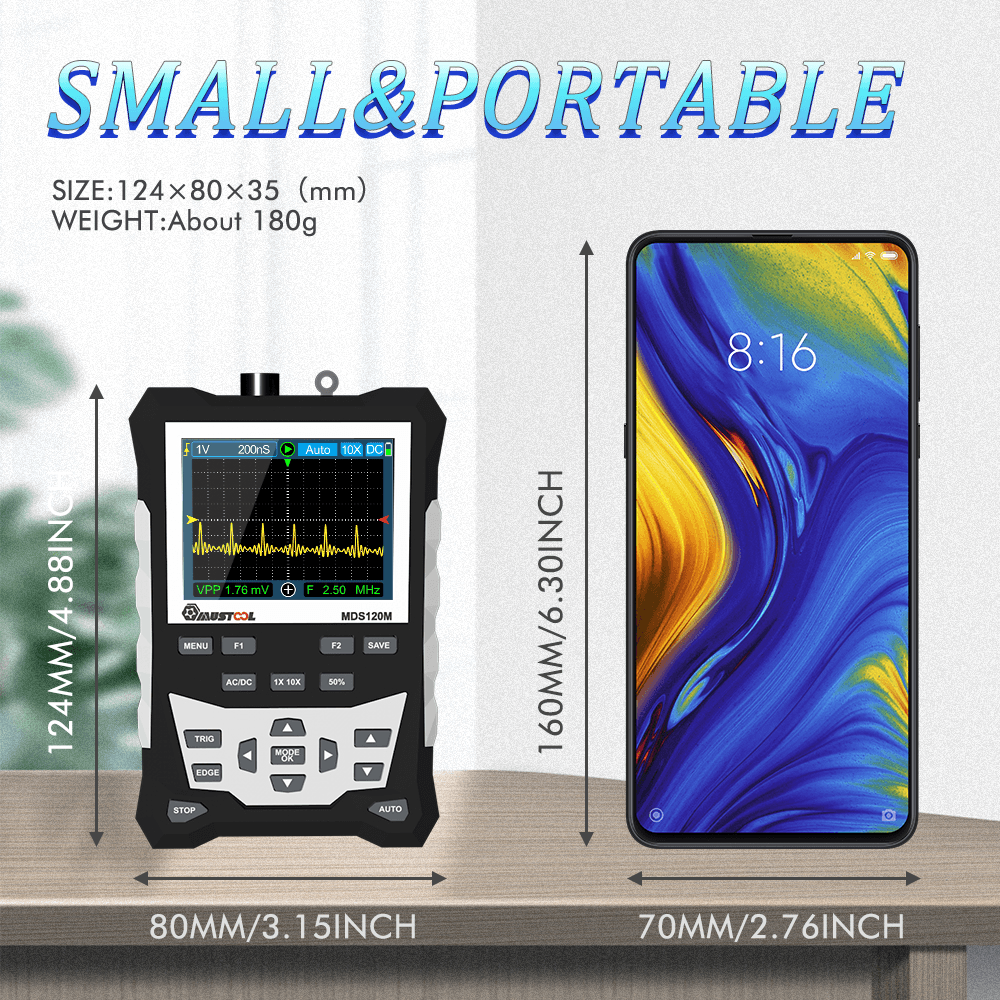 MUSTOOL MDS120M Professional Digital Oscilloscope 120Mhz Analog Bandwidth 500Ms/S Sampling Rate 320X240 LCD Screen Support Waveform Storage with Backlight - MRSLM