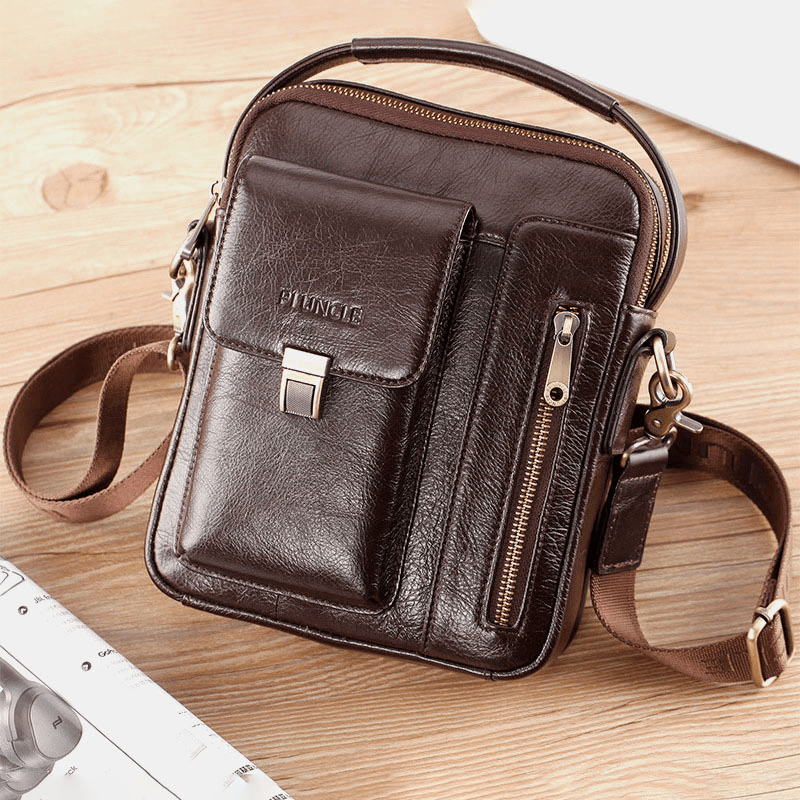 Men Genuine Leather Cowhide Multi-Function Large Capacity Crossbody Bag Shoulder Bag - MRSLM