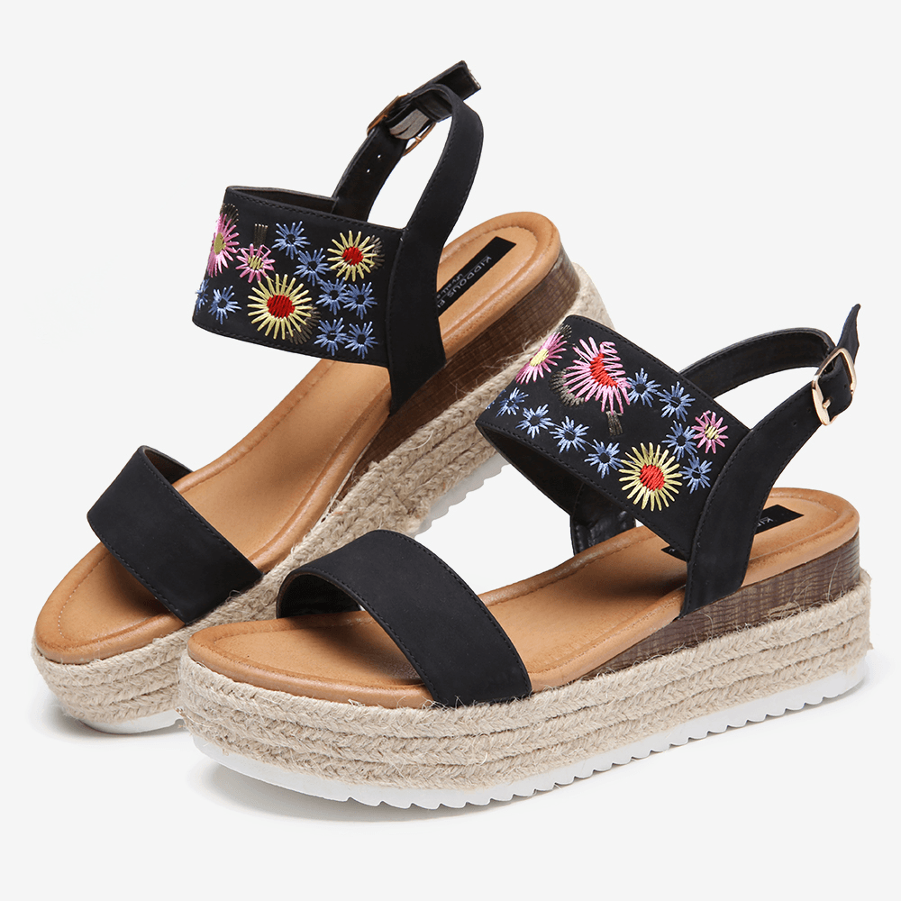 Women Espadrilles Embroidery Flowers Buckle Strap Slingback Platform Sandals - MRSLM