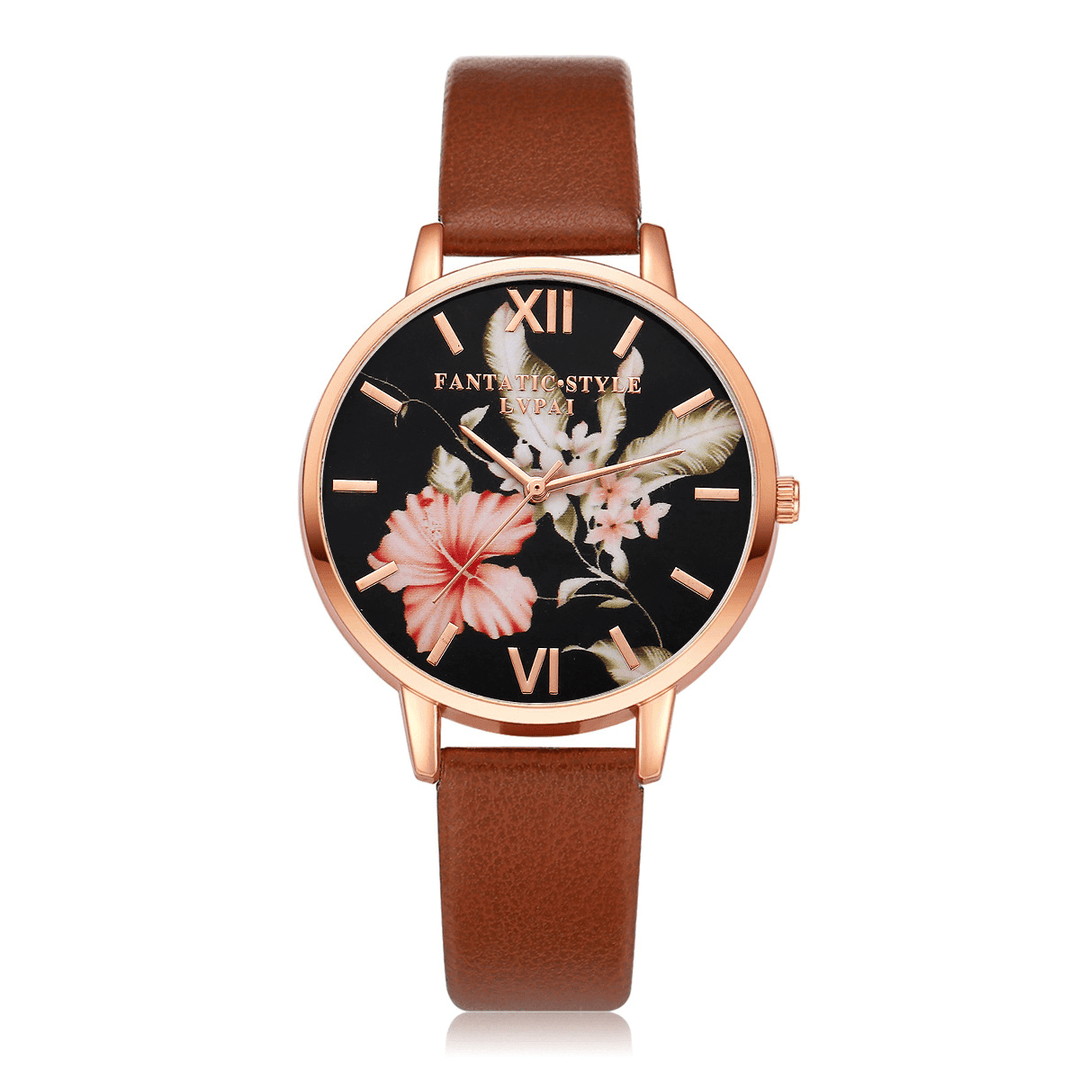 LVPAI Fashion Flower Pattern PU Leather Strap Womenwrist Watch Ladies Dress Quartz Watch - MRSLM