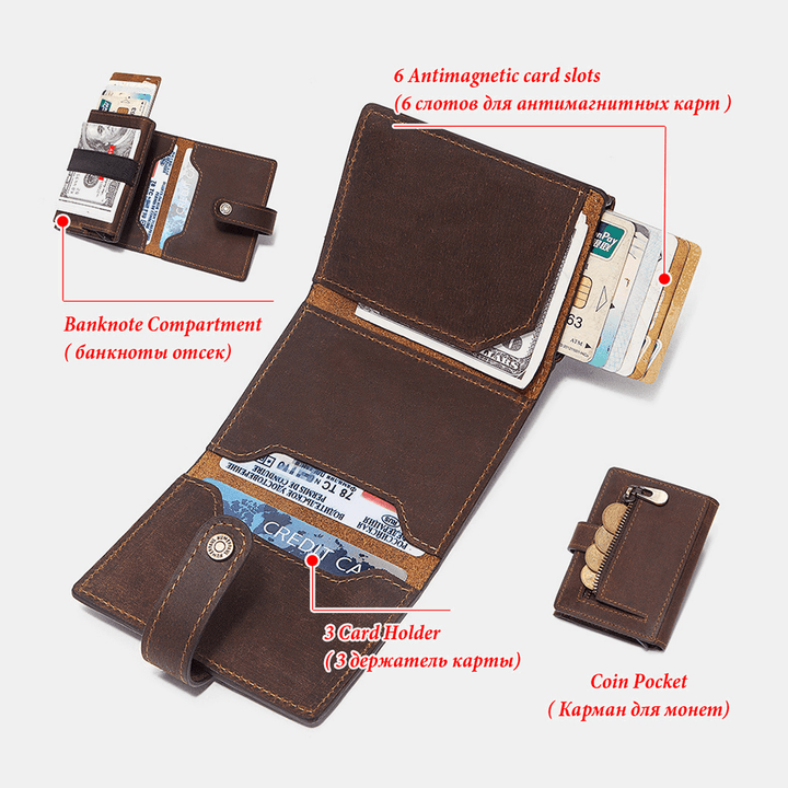 Men Retro Trifold RFID Blocking Antimagnetic Wallet Genuine Leather 9 Card Slot Card Holder Coin Purse - MRSLM