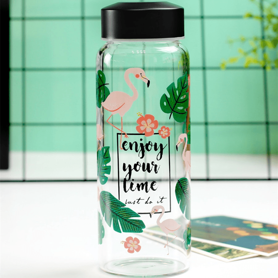 Borosilicate Glass Flamingo Fruit Pattern Anti-High Temperature Glass Cup Water Bottle - MRSLM