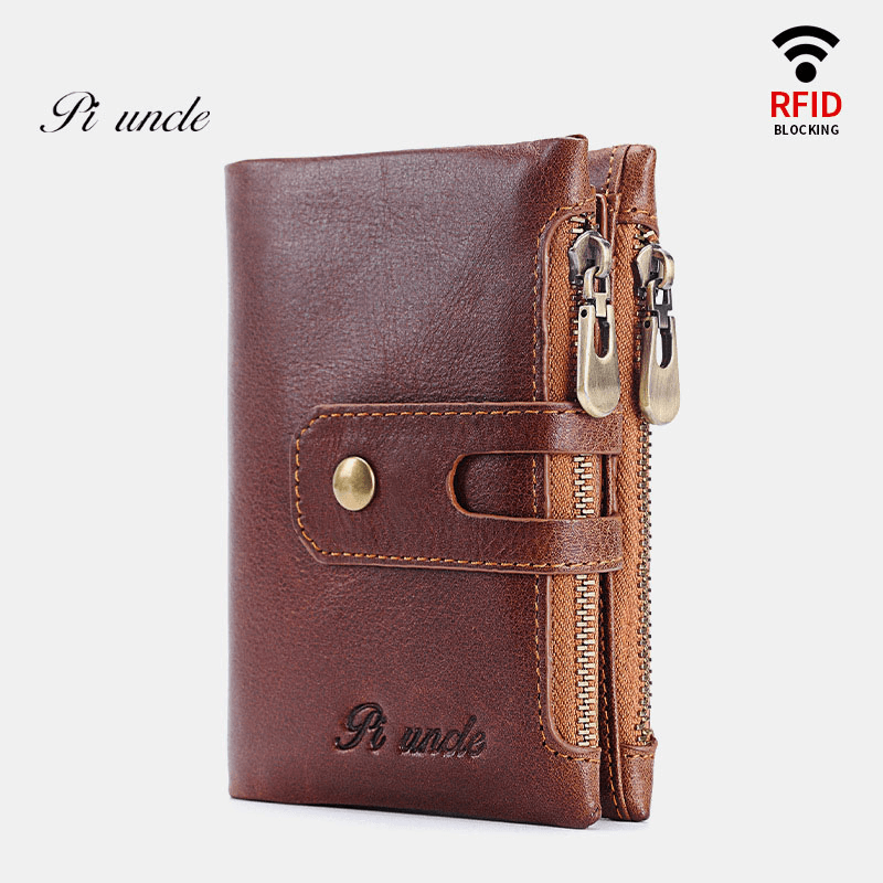 Men Retro Genuine Leather RFID Blocking Wallet 15 Card Slots Zipper Wallet - MRSLM