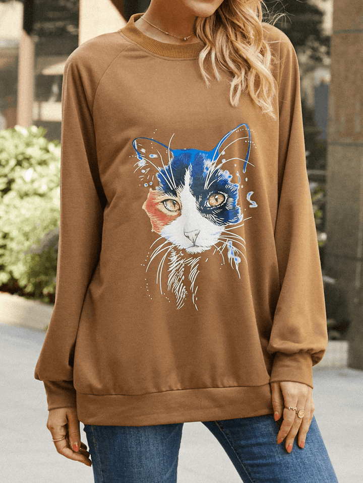 Women Cat Print Solid Color round Neck Casual Loose Pullover Sweatshirt - MRSLM