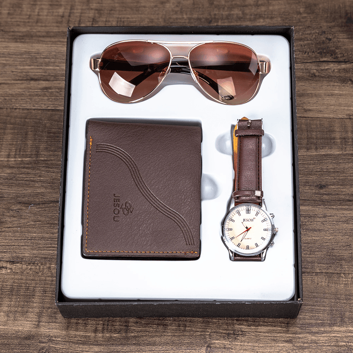 3PCS Men'S Fashion Gift Set Business Style Quartz Watch+Wallet +Sunglasses Set - MRSLM