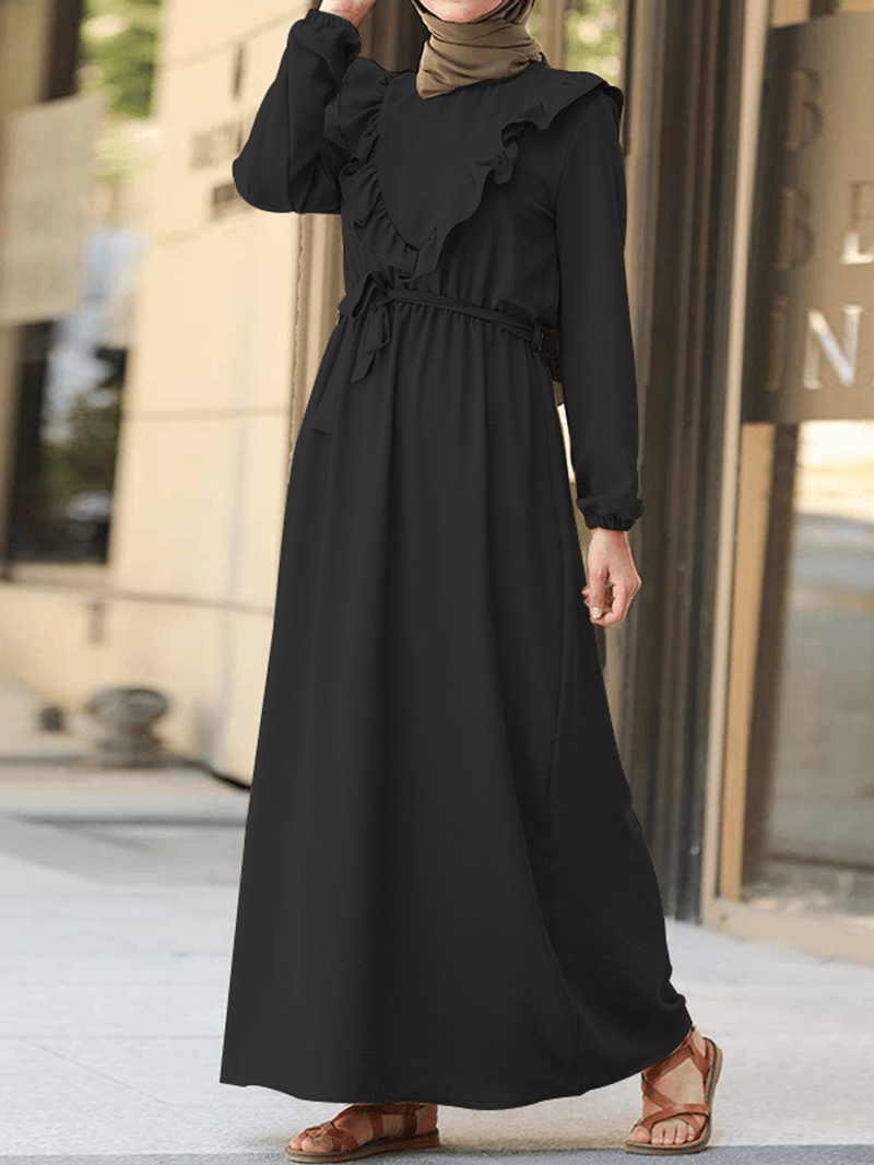 Women Ruffle Trims Lace-Up Solid Color O-Neck Casual Long Sleeve Maxi Dress - MRSLM