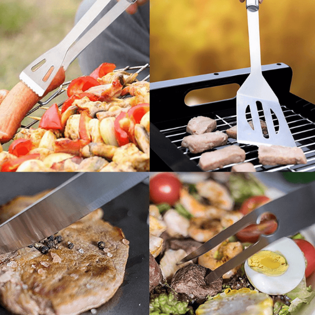 18 Pcs Tableware Stainless Steel BBQ Tools Long Fork BBQ Clip Brush Steel Stick Shovel Barbecue Cooking Tools - MRSLM