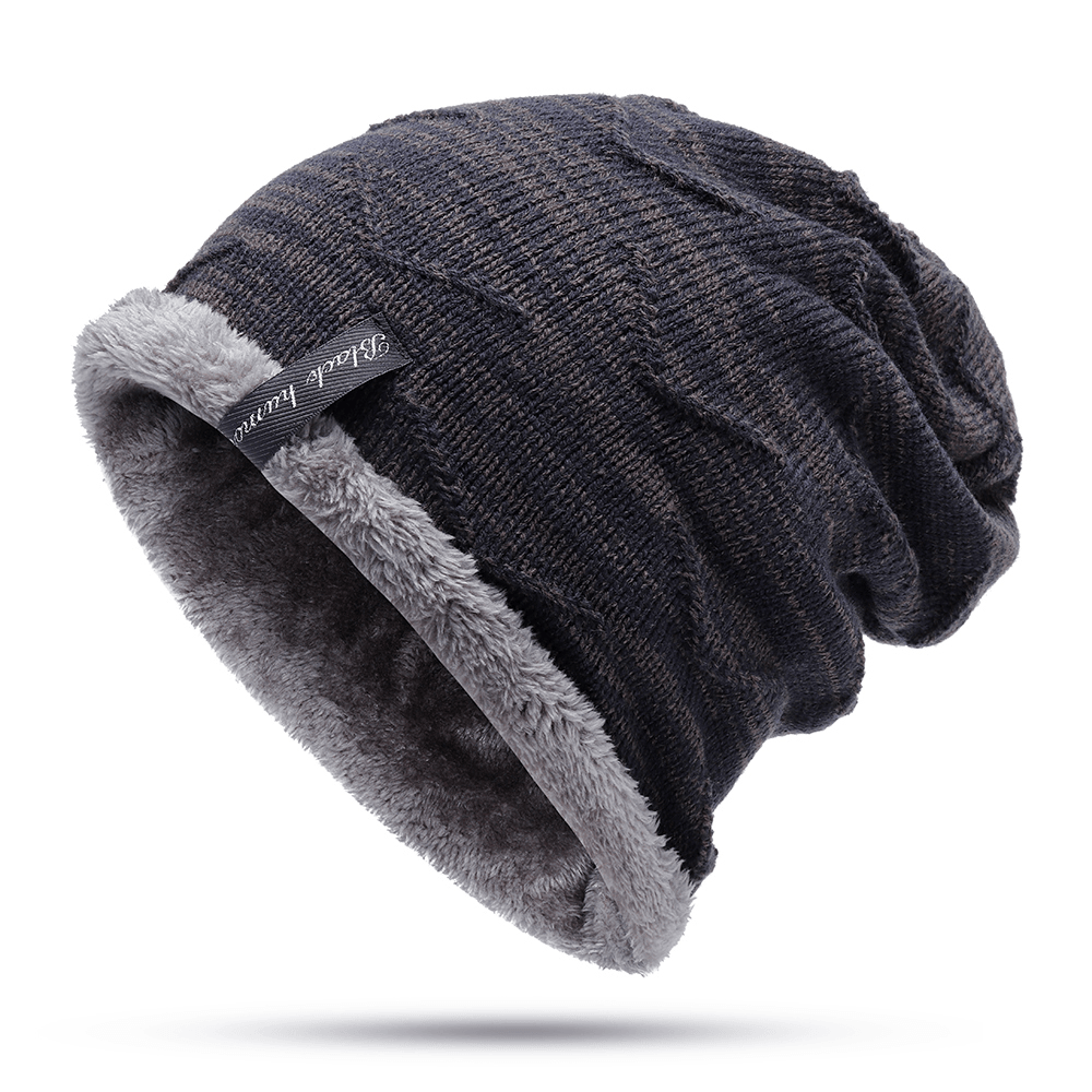 Mens plus Velvet Knitted Stripe Beanie Hats Outdoor Winter Warm Skullcap Beanie - MRSLM