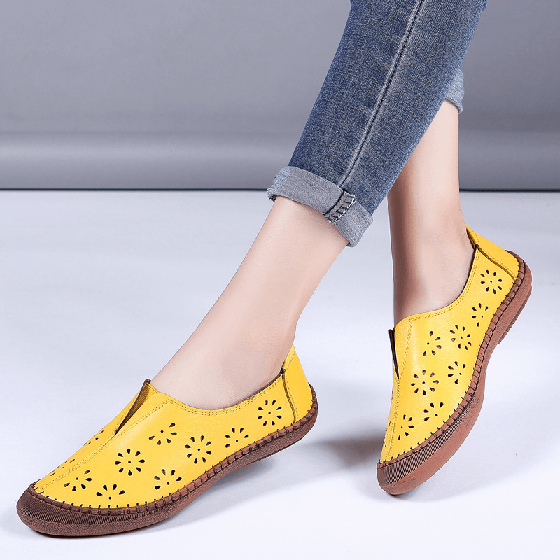 Women Genuine Leather Slip on Elastic Band Breathable Hollow Out Spring Causal Flats Loafers - MRSLM