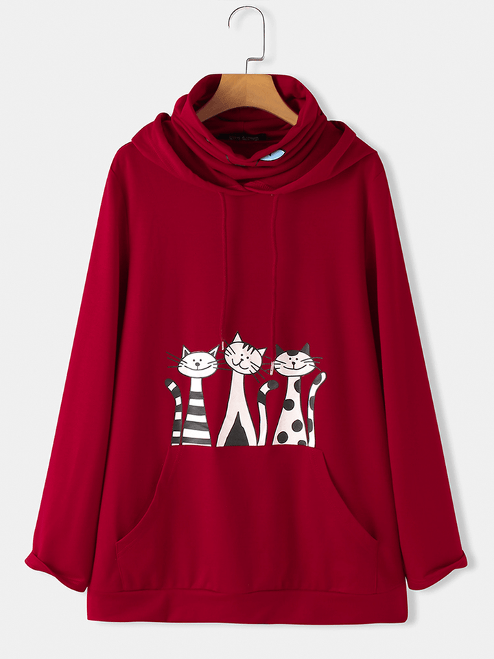 Women Cartoon Cat Print Double Neckline Masked Long Sleeve Hooded Sweatshirts - MRSLM