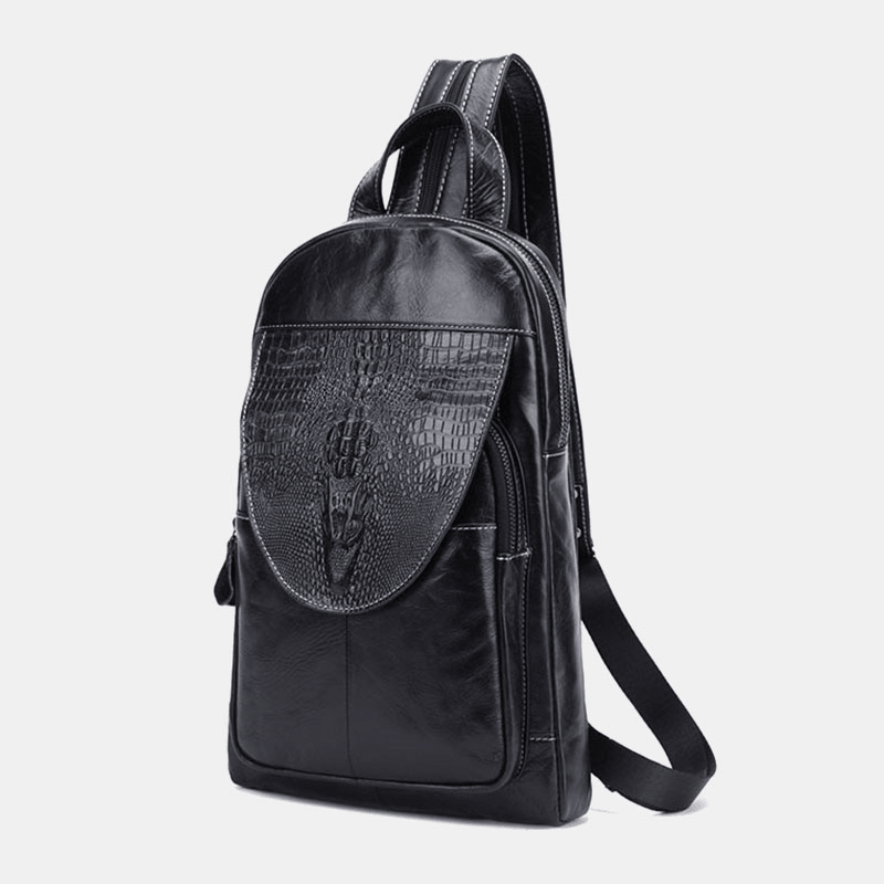 Ekphero Men Genuine Leather Multi-Pocket Crocodile Pattern Chest Bag Multifunction Anti-Theft Crossbody Shoulder Bag - MRSLM