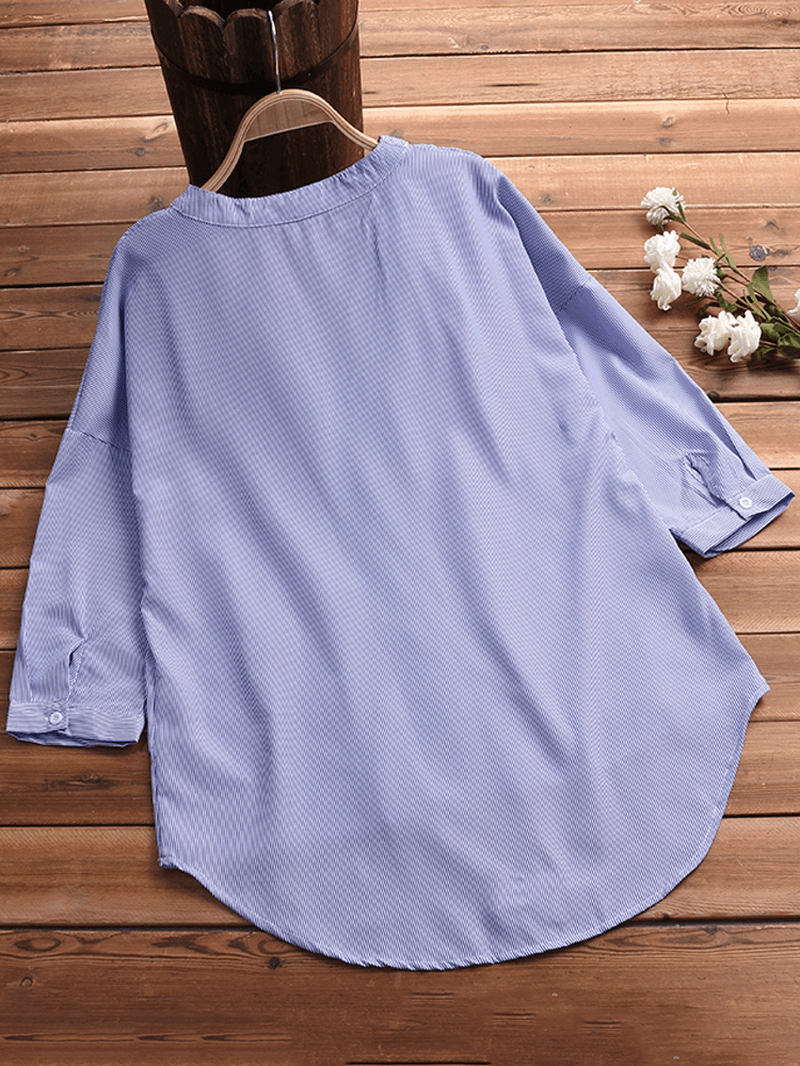 Women Striped V Neck Half Sleeve Loose Blouse - MRSLM