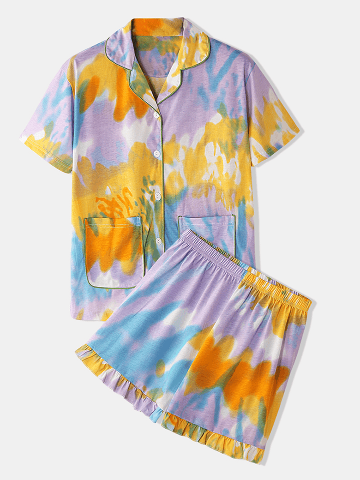 Women Tie Dye Button up Pocket Revere Collar Short Sleeve Home Pajama Set - MRSLM