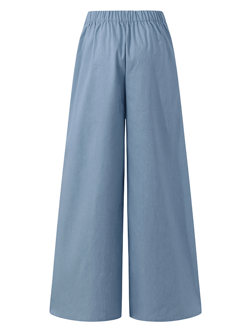 Women Solid Color Elastic Waist Cotton Casual Loose Wide Leg Pants - MRSLM