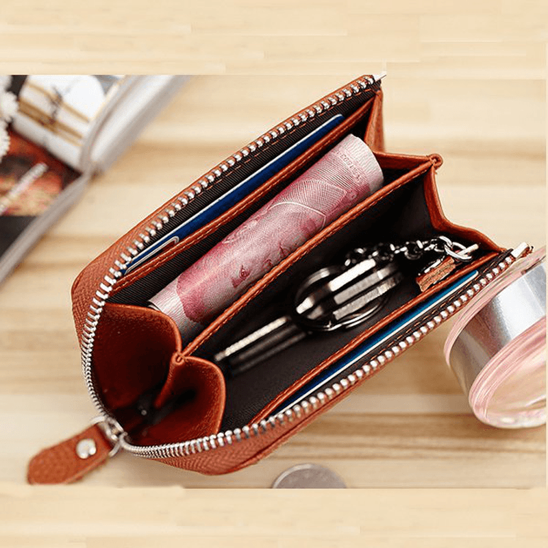 Women Men Genuine Leather Short Wallet Zipper Coin Bags Card Holder Key Bags - MRSLM