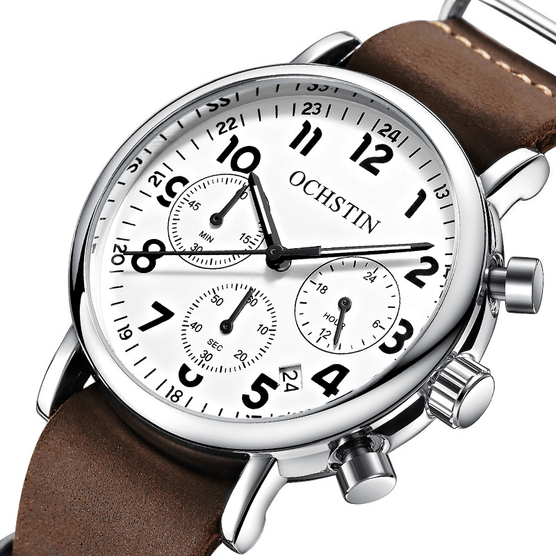 OCHSTIN GQ081A Chronograph Casual Style Men Wrist Watch Genuine Leather Band Quartz Watch - MRSLM