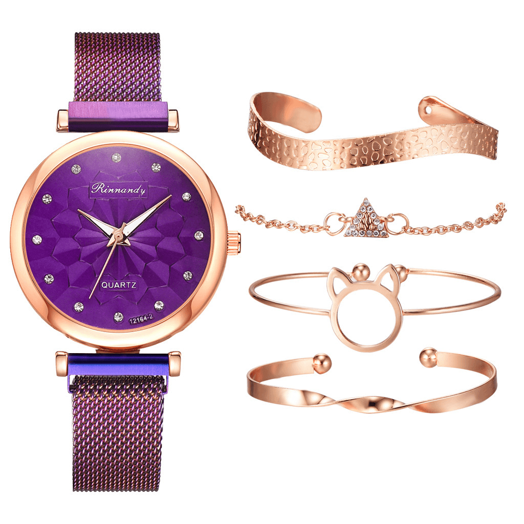 5 PCS Combination Women Bracelet Watch Set Flower Dial Mesh Steel Band Quartz Watch - MRSLM