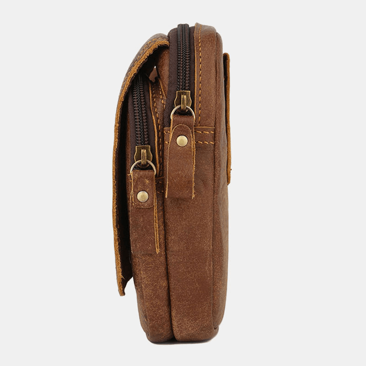 Men Genuine Leather Large Capacity Waist Bag Multifunctional Outdoor Retro 6.3 Inch Phone Bag - MRSLM