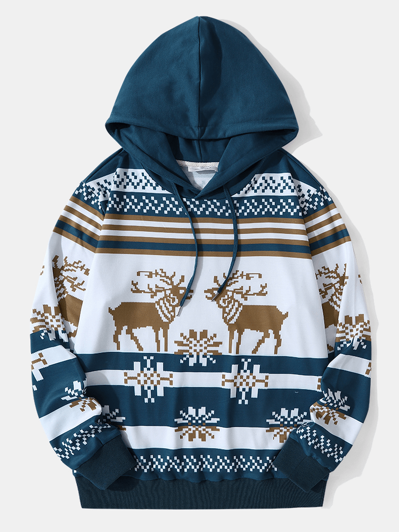 Men Christmas Snow Elk Contrast Print Casual Hooded Sweatshirt - MRSLM